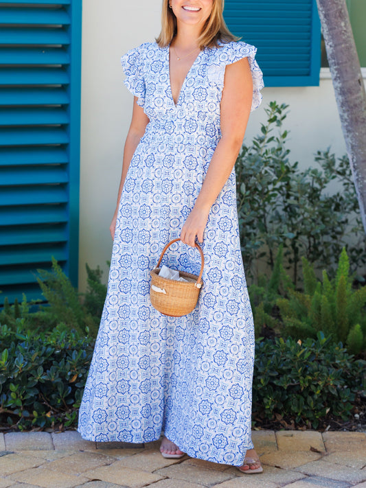 Blue Medallion V-Neck Flutter Sleeve Maxi Dress
